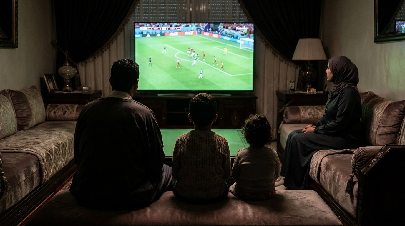 Une famille regarde un match dans le salon avec Amkoy Media